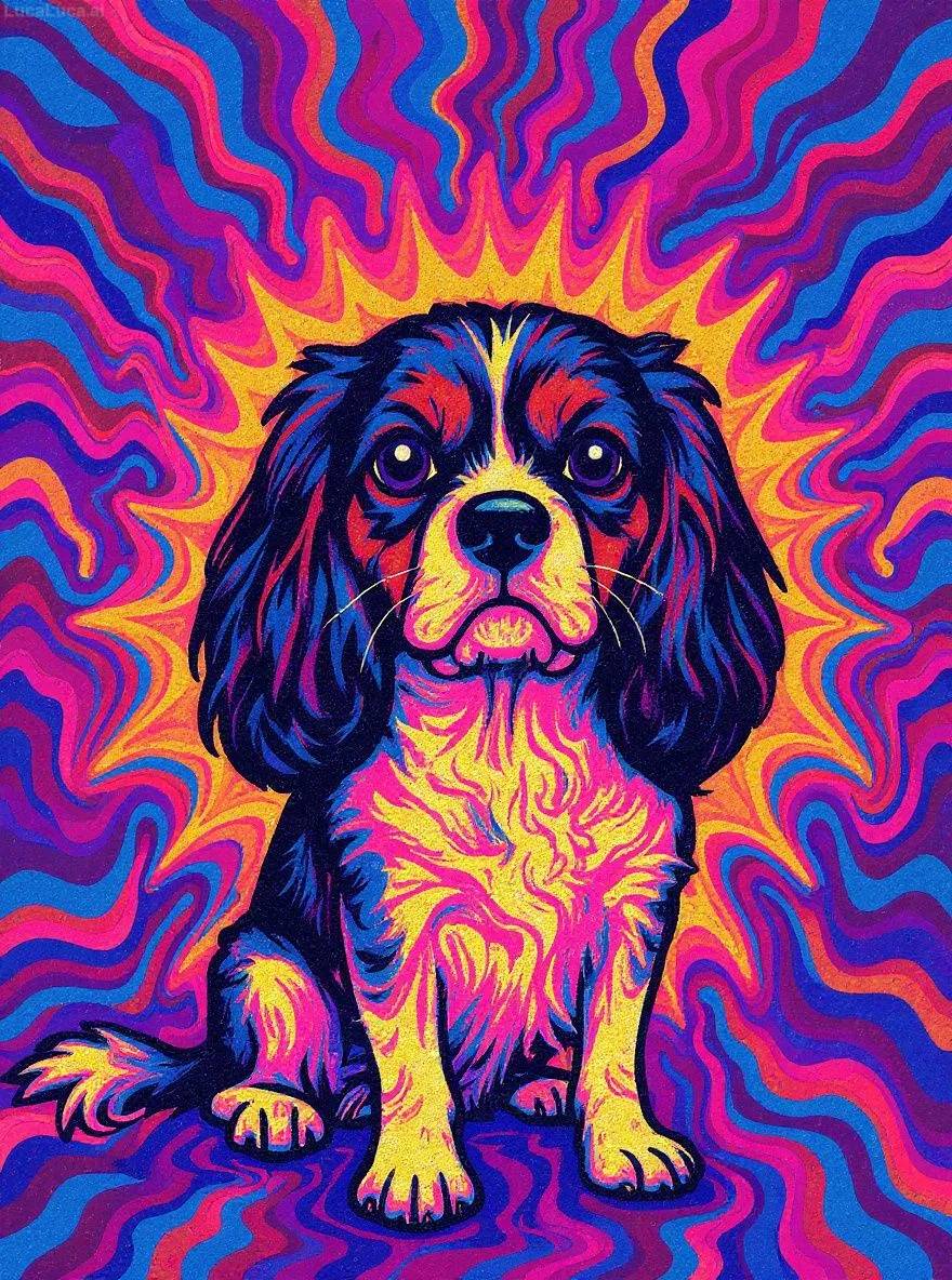 Cavalier King Charles Spaniel dog in psychedelic 1970s style with neon gradients and swirling patterns
