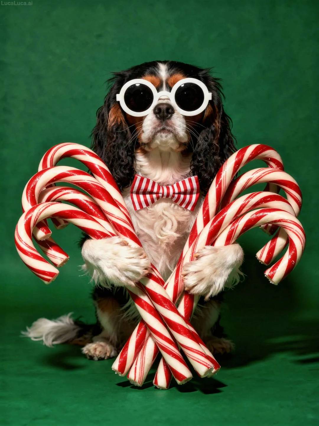 Cavalier King Charles Spaniel dog wearing white sunglasses and striped bow tie holding candy canes