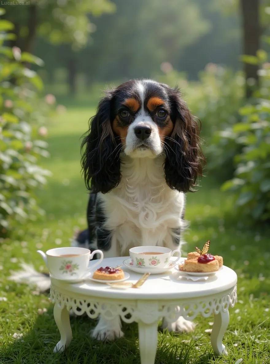 Cavalier King Charles Spaniel dog at a miniature garden table with floral china and scones