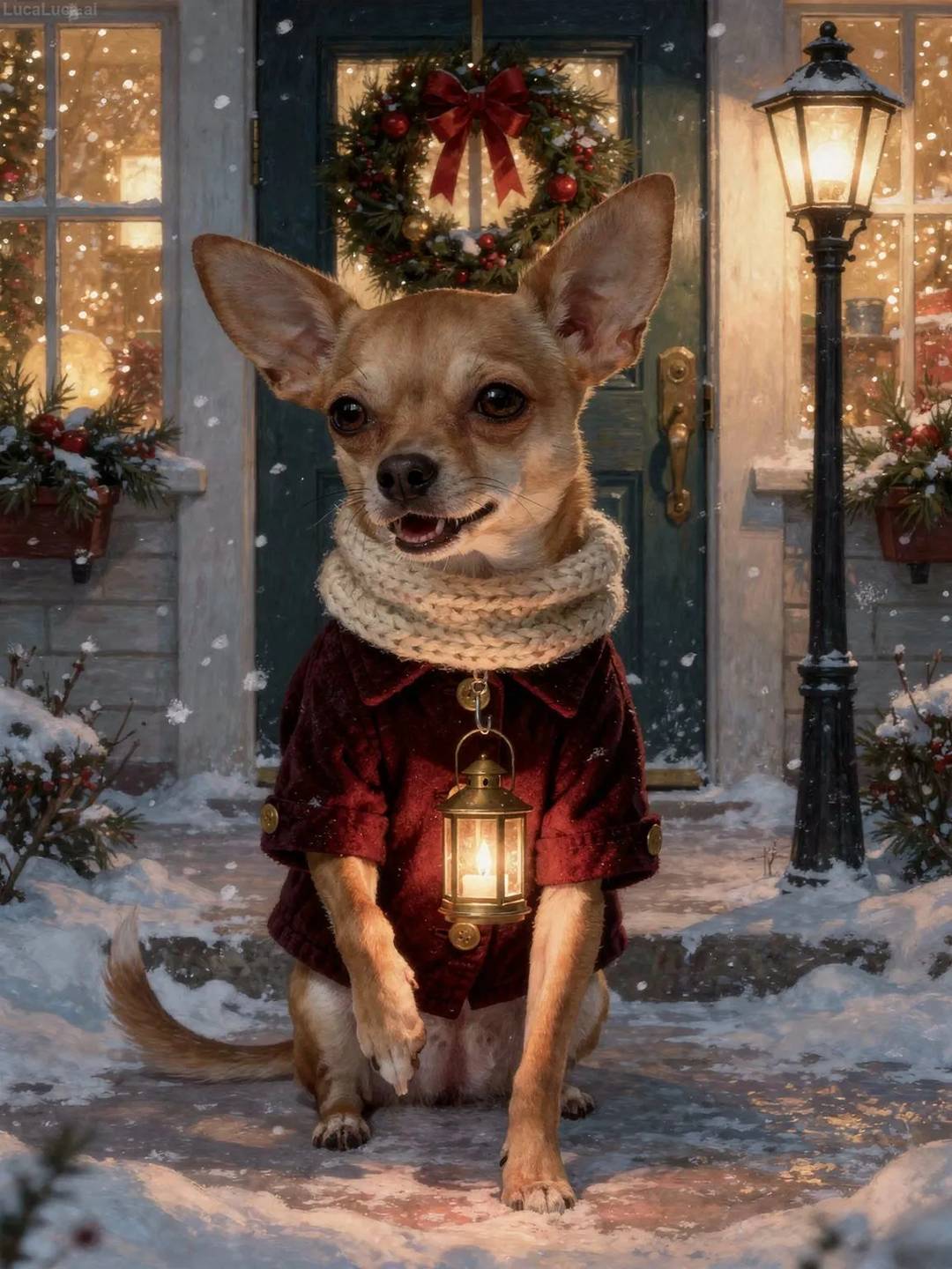 Chihuahua dog in a burgundy coat holding a candle lantern on a snowy doorstep