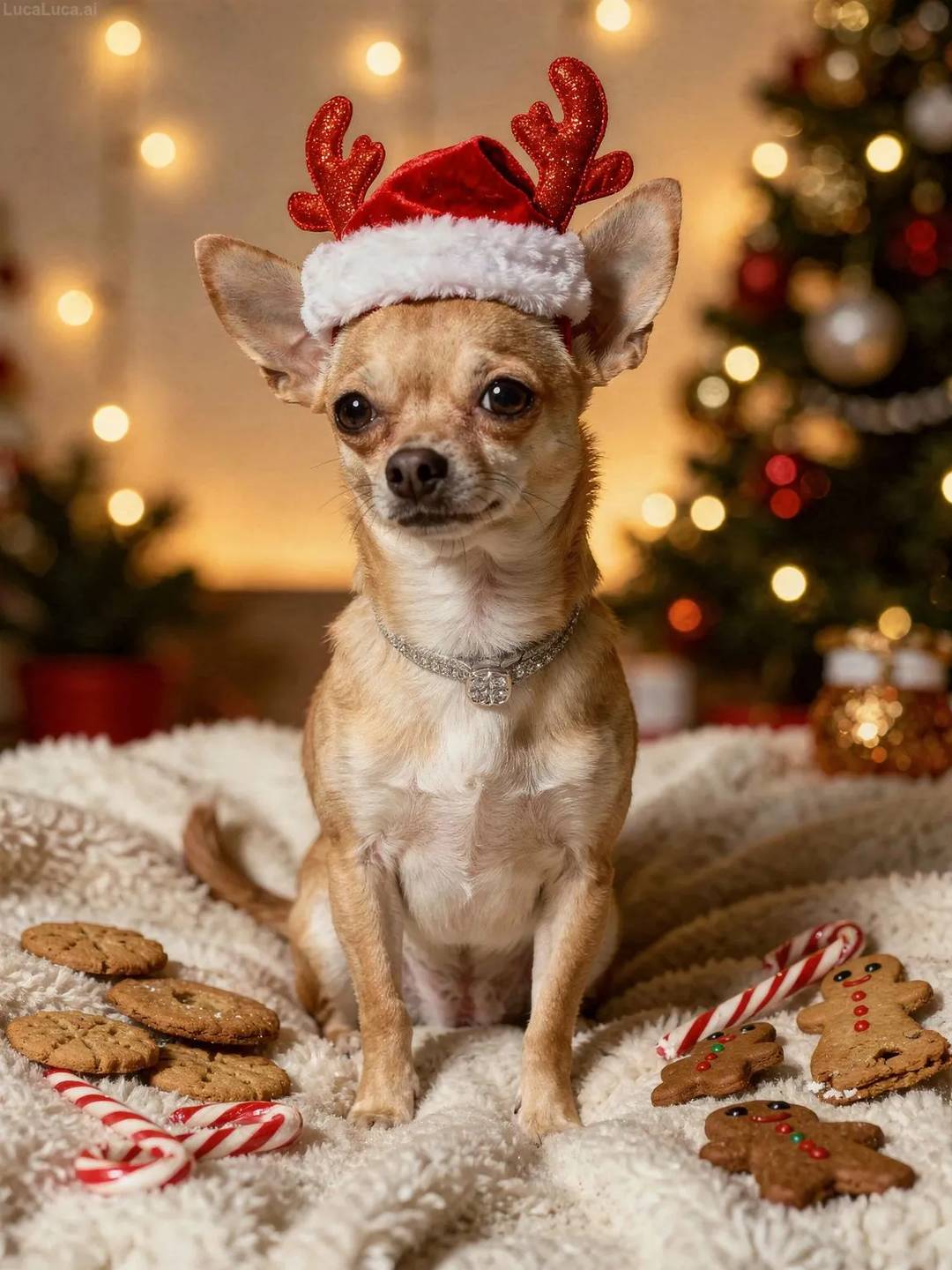 Chihuahua dog surrounded by cookies, candy canes, and gingerbread with holiday decorations