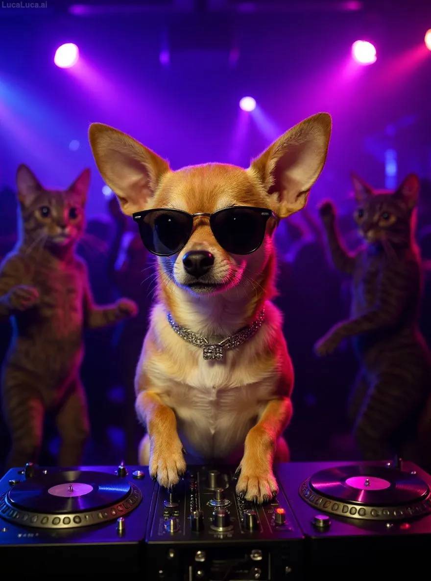 Chihuahua dog wearing sunglasses with paws on turntables at a nightclub