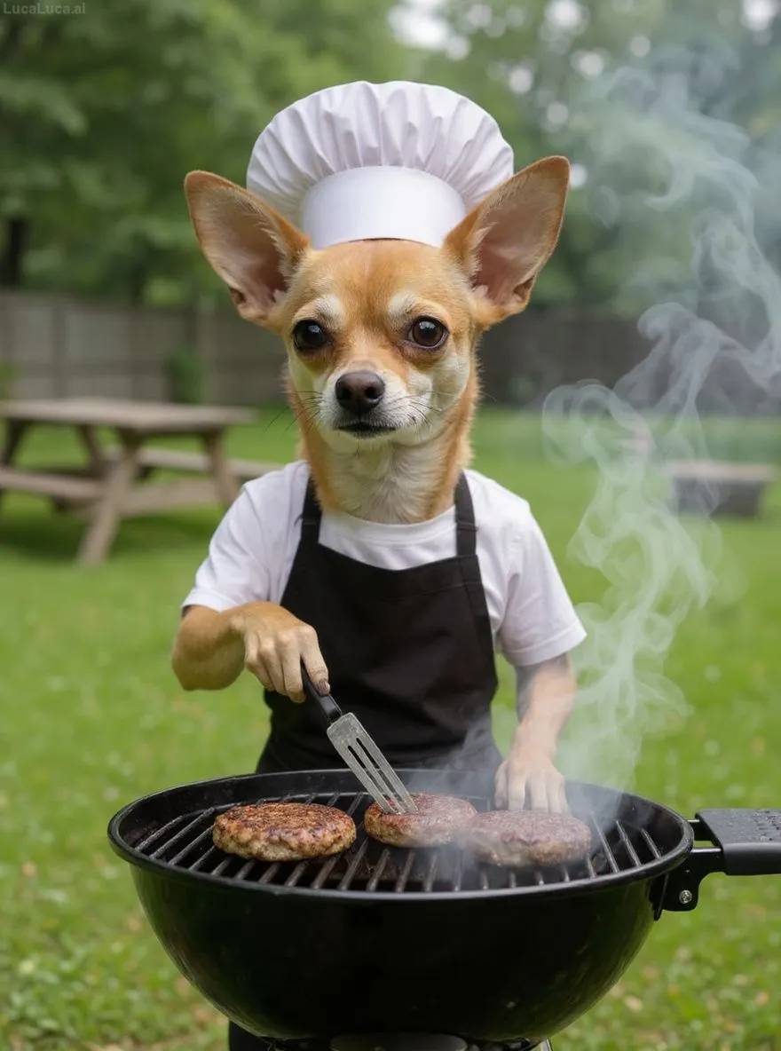 Chihuahua dog wearing an apron flipping burgers at a backyard barbecue