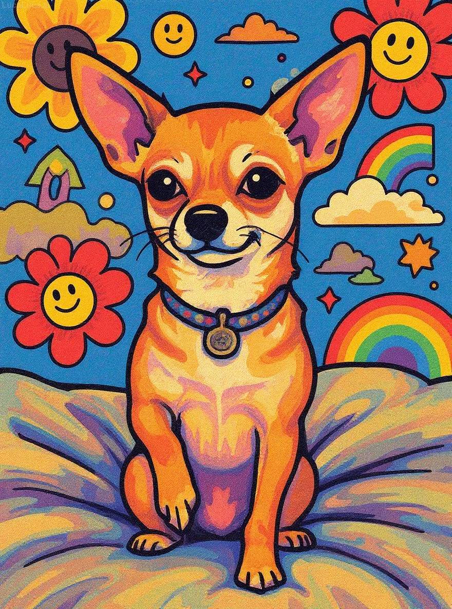 Chihuahua dog in Japanese pop art style with smiling flowers and bright colors