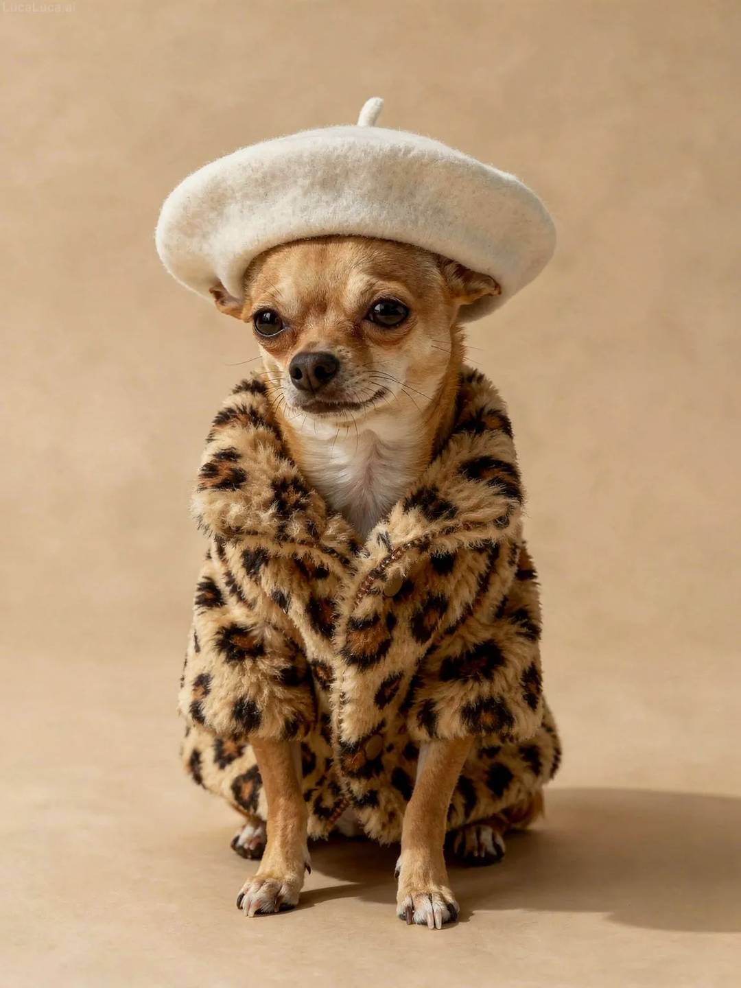 Chihuahua dog wearing a white beret and leopard-print faux fur coat