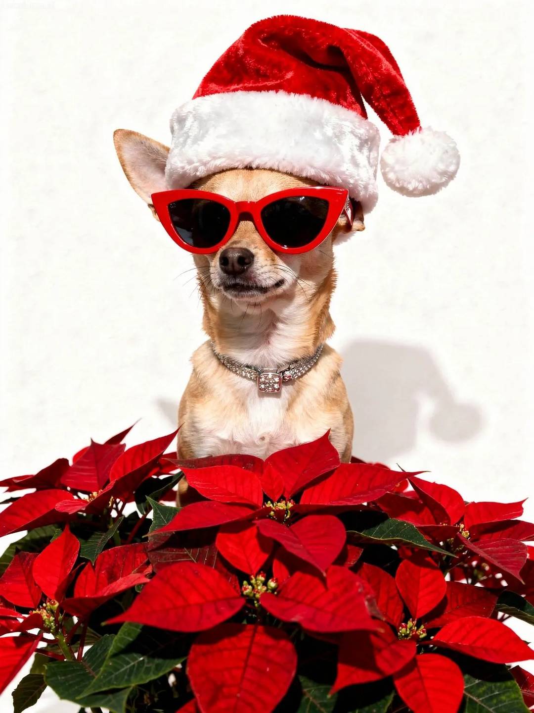 Chihuahua dog wearing red sunglasses and Santa hat holding red poinsettias