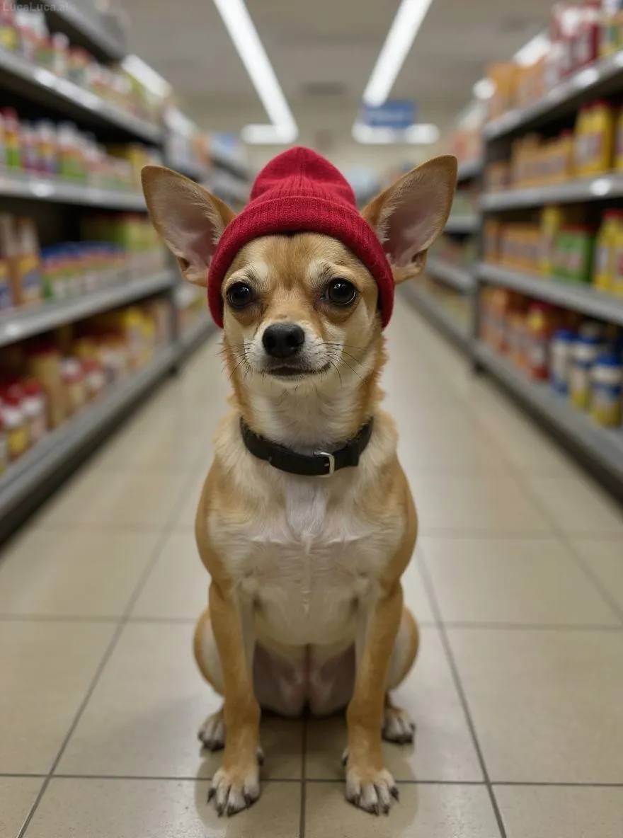 Chihuahua dog wearing a red beanie standing in a convenience store aisle