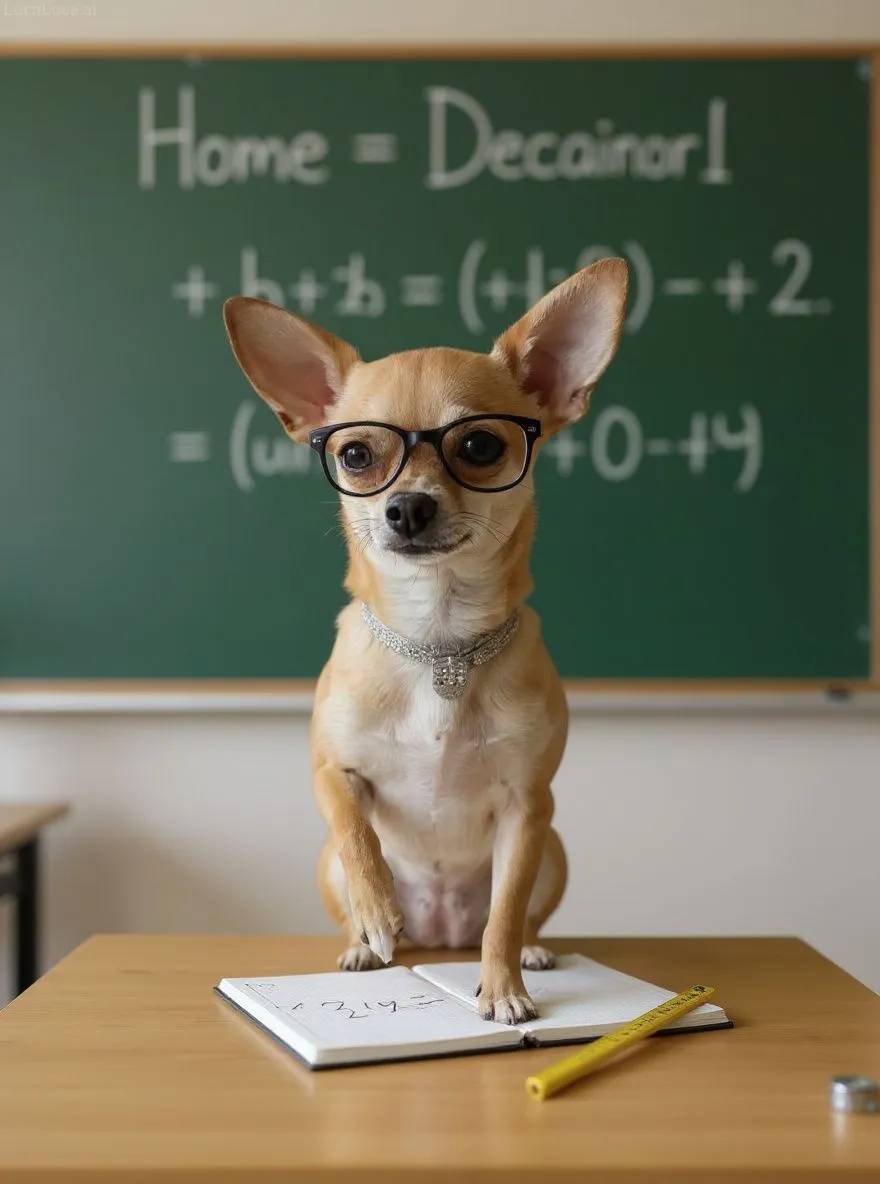 Chihuahua dog wearing glasses pointing at a chalkboard with equations