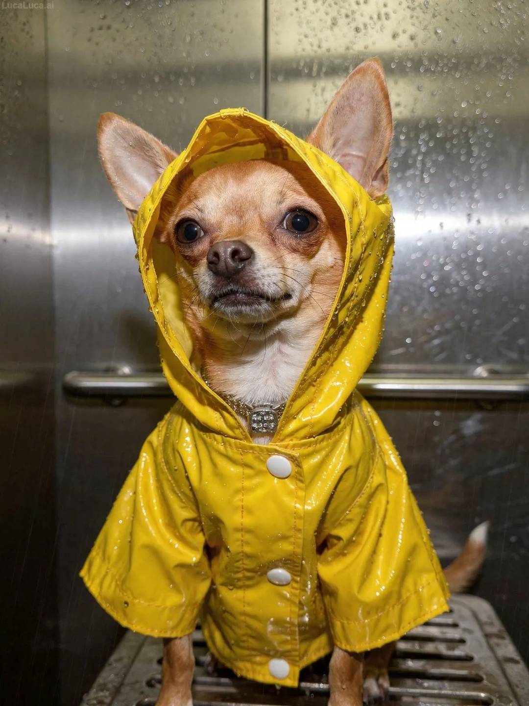 Chihuahua dog wearing a yellow raincoat with the hood up