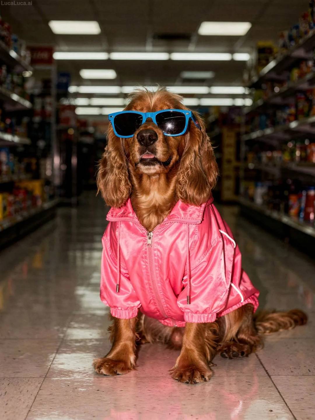 Cocker Spaniel dog wearing a neon pink windbreaker and blue sunglasses at night