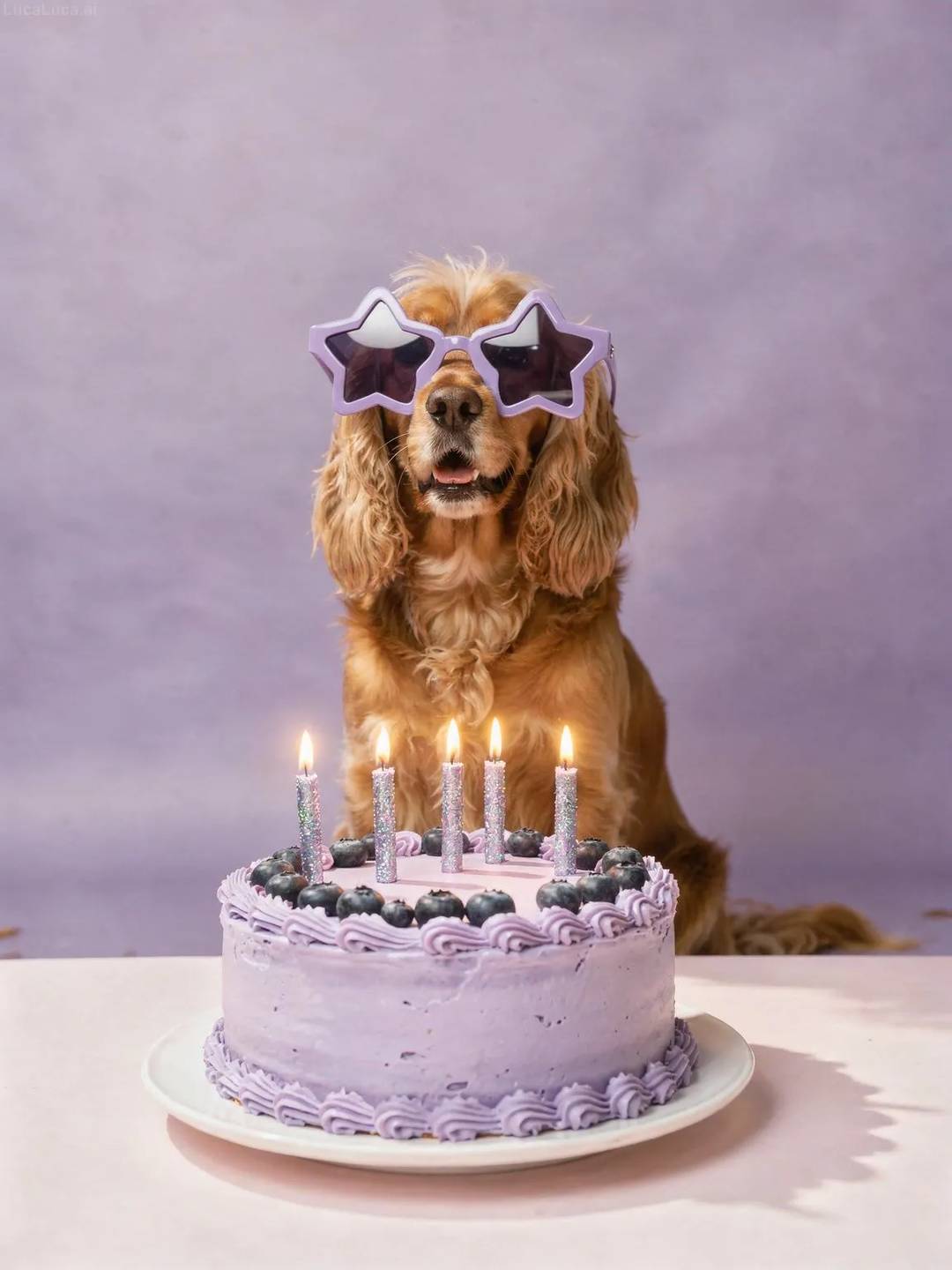 Cocker Spaniel dog wearing purple star sunglasses with a lavender cake