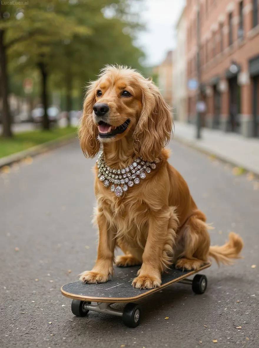 Cocker Spaniel dog as a blinged-out skater cruising down a chrome street