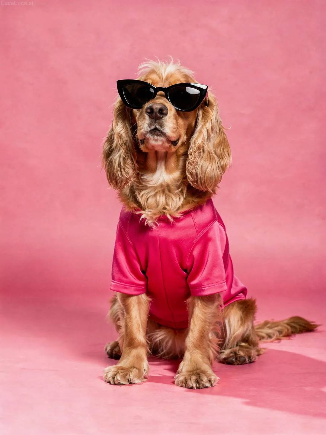 Cocker Spaniel dog wearing a pink jacket and cat-eye sunglasses on a pink background