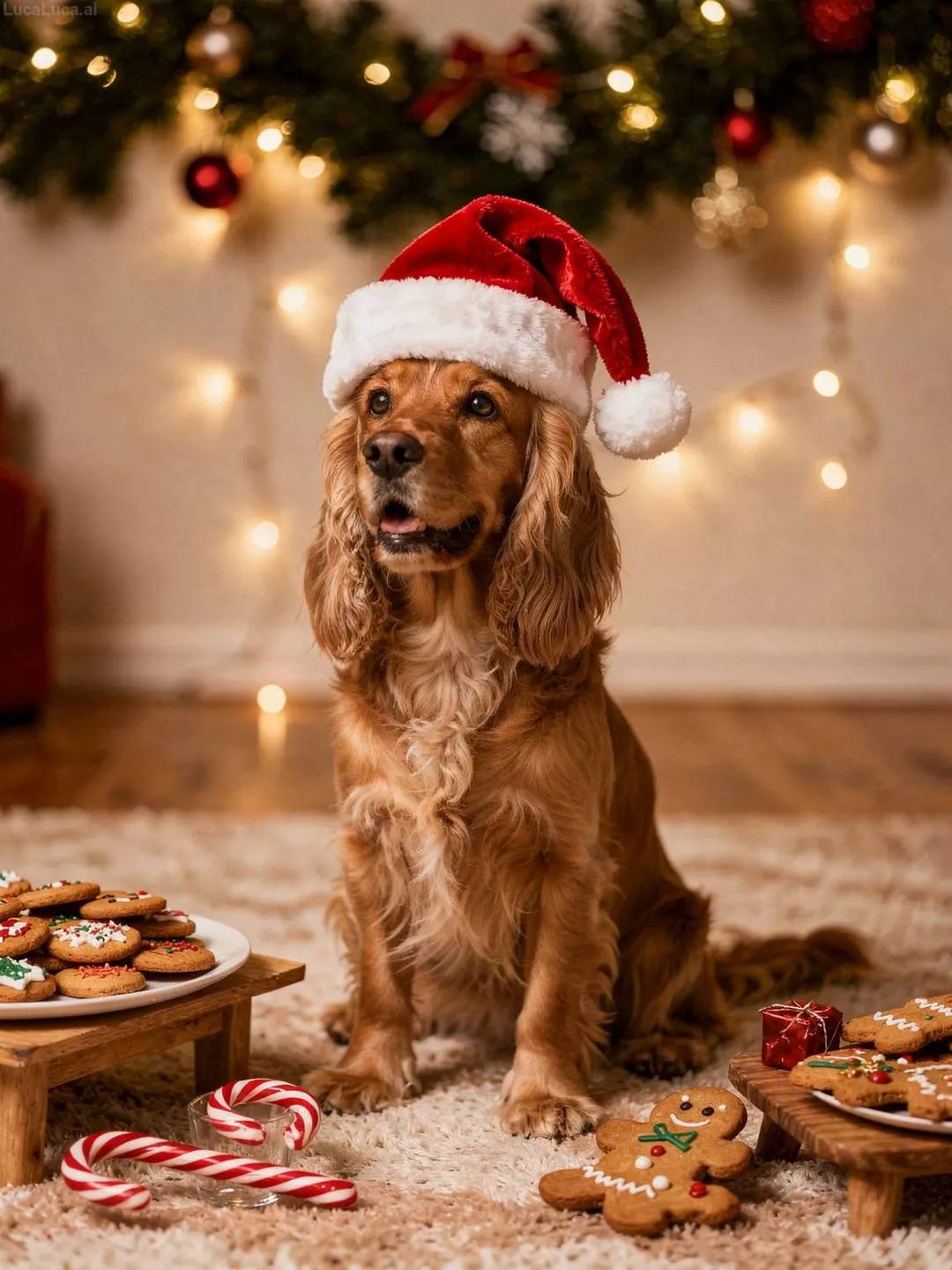 Cocker Spaniel dog surrounded by cookies, candy canes, and gingerbread with holiday decorations