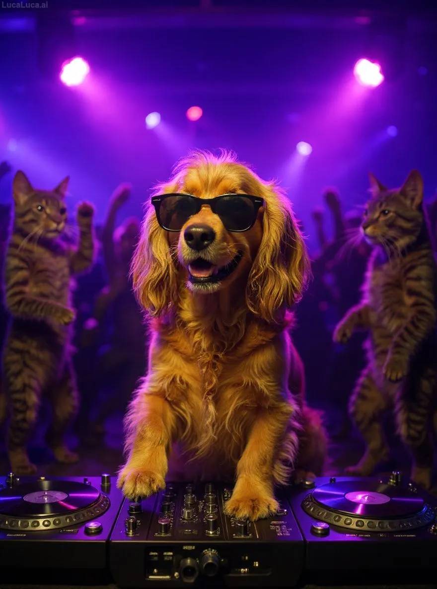 Cocker Spaniel dog wearing sunglasses with paws on turntables at a nightclub