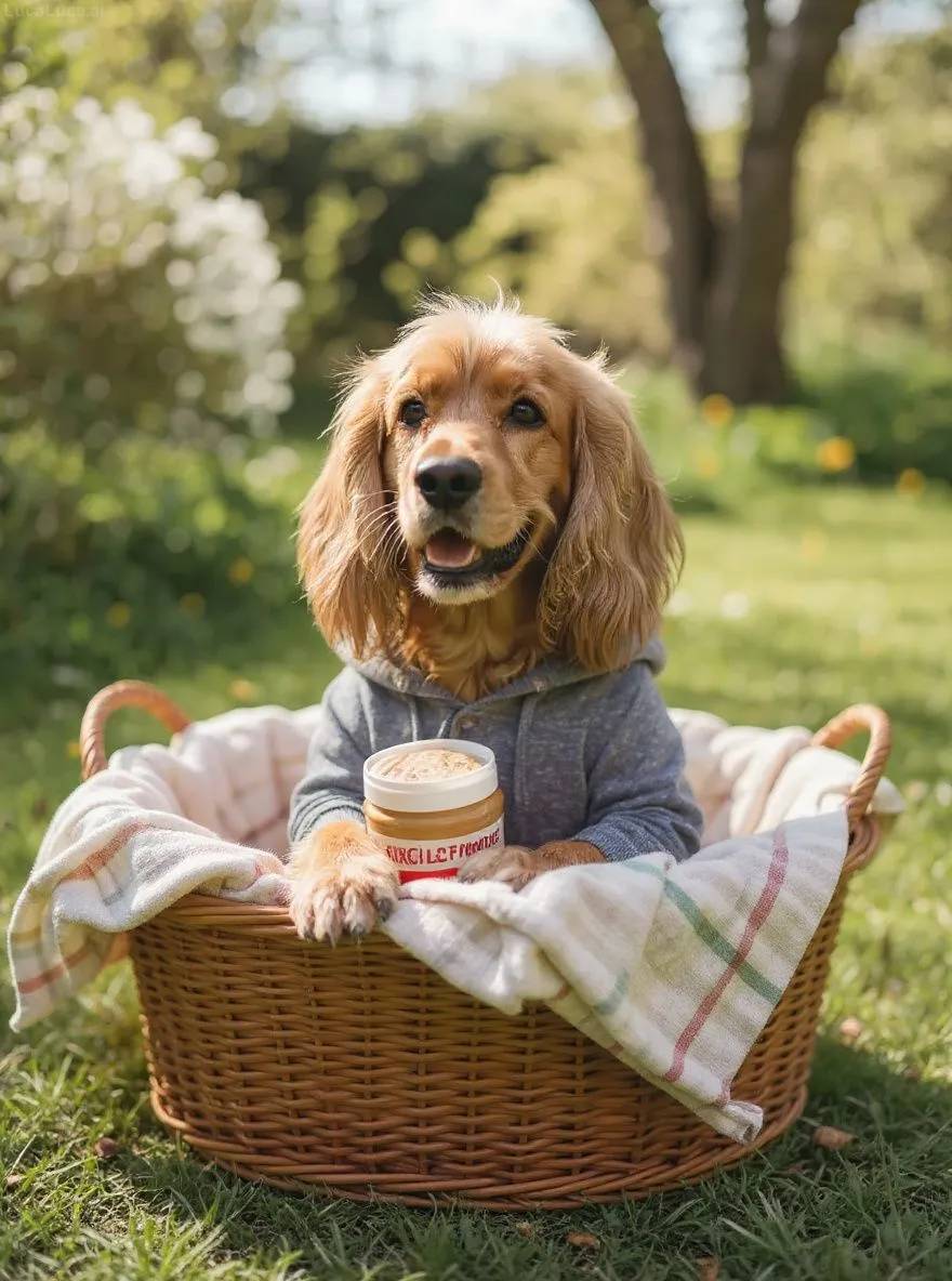 Cocker Spaniel dog wrapped in a hoodie in a laundry basket holding peanut butter
