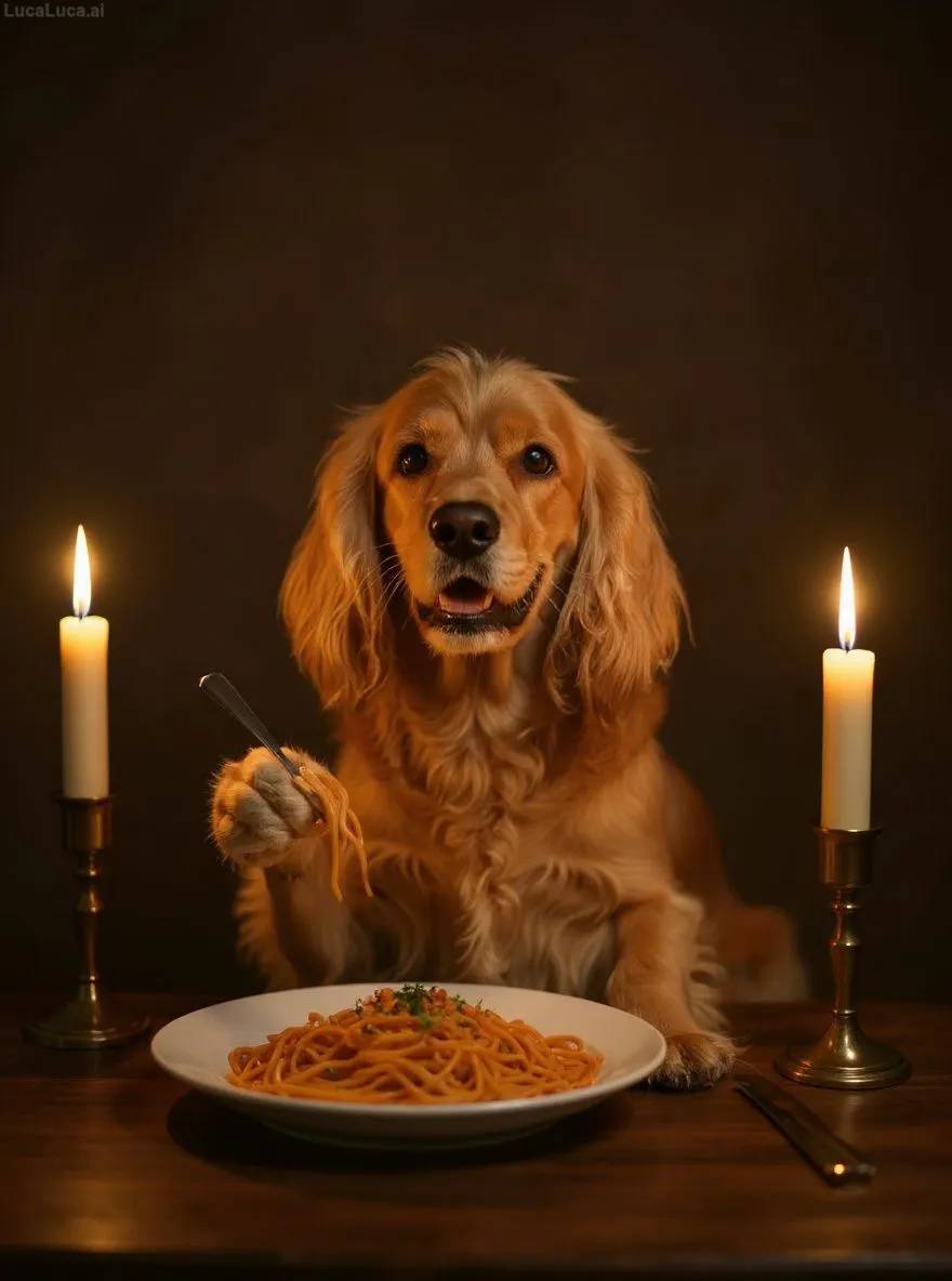 Cocker Spaniel dog eating spaghetti alone at a candlelit table