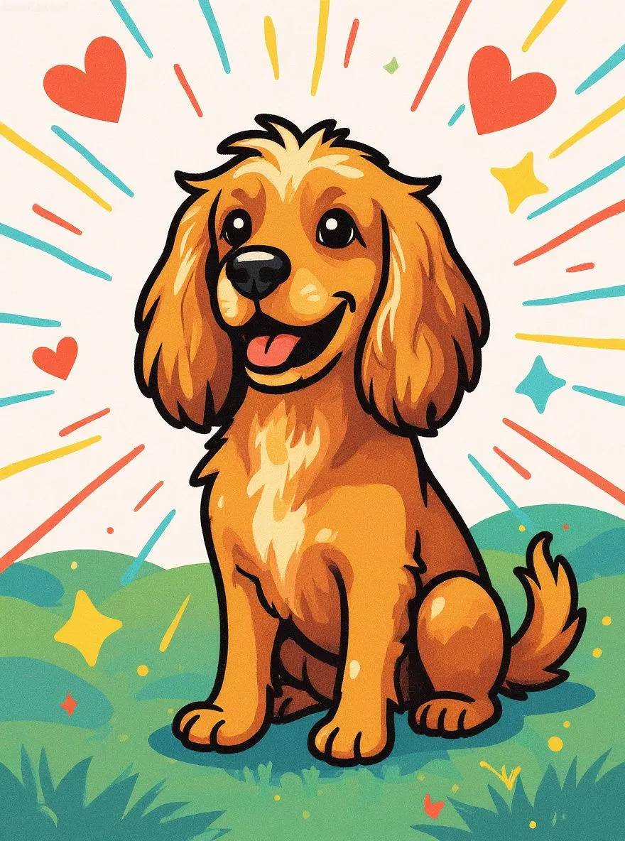 Cocker Spaniel dog in cartoon style with bold outlines and energetic shapes
