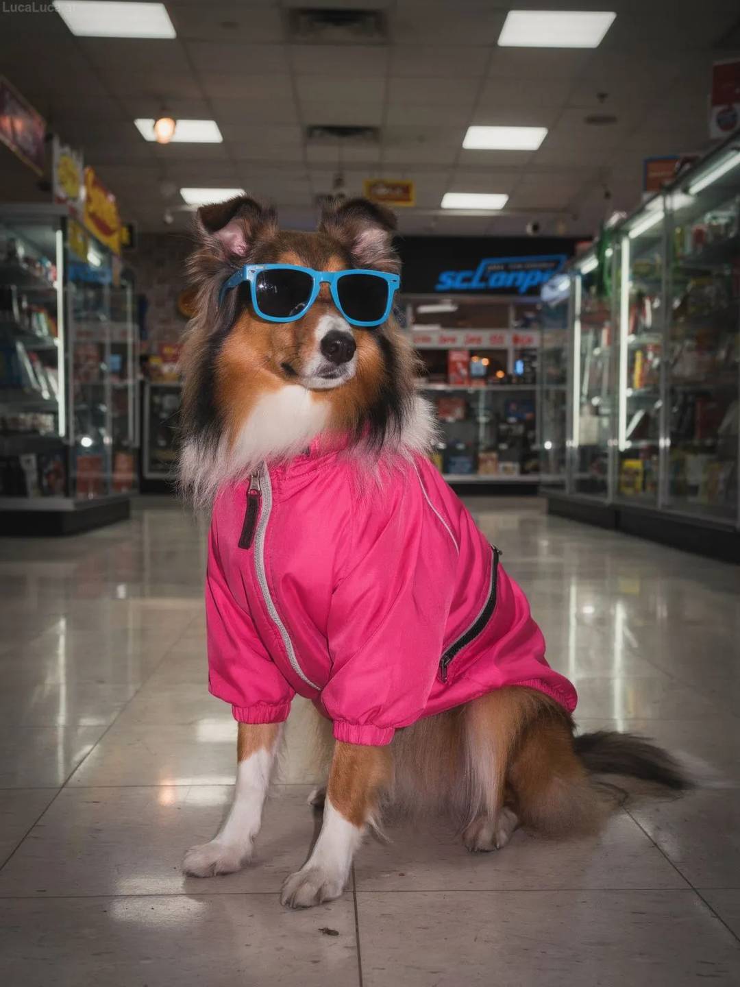 Collie dog wearing a neon pink windbreaker and blue sunglasses at night