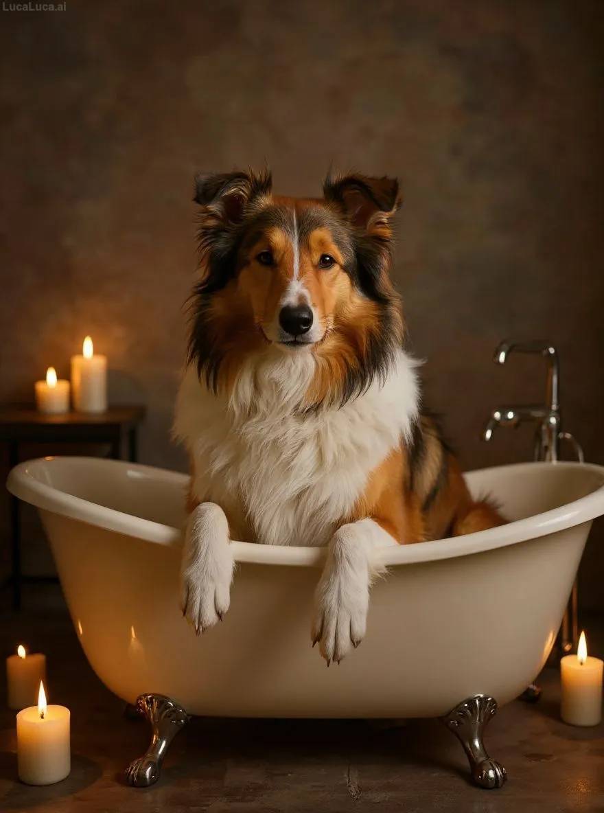 Collie dog lying in a bathtub surrounded by candles