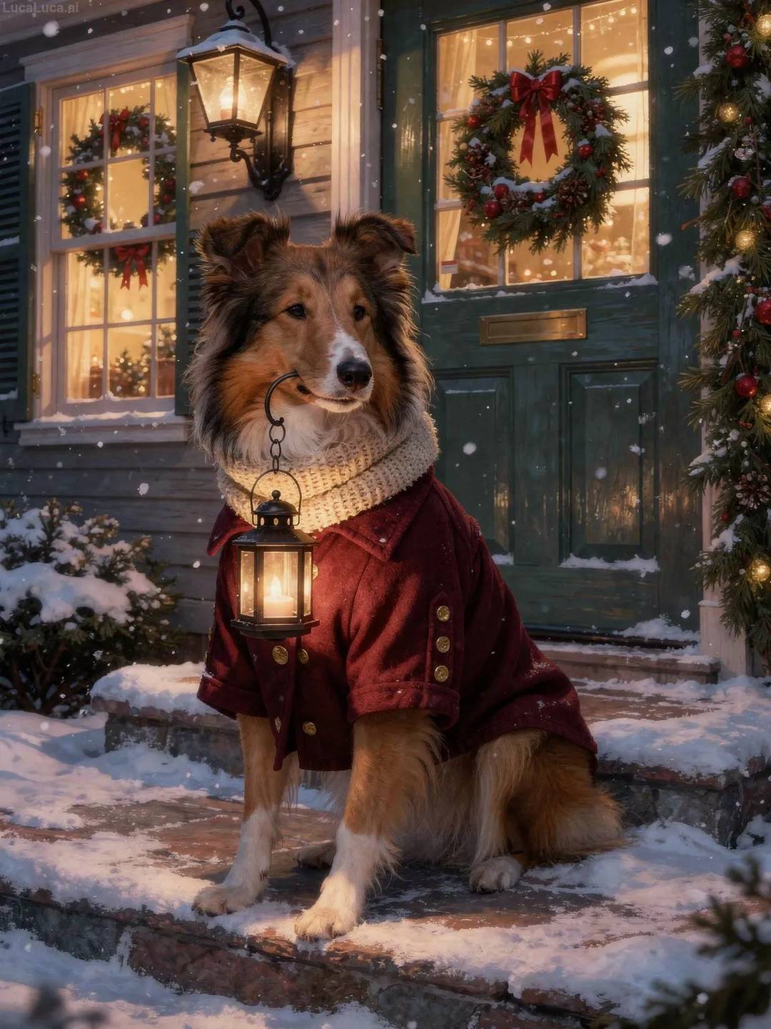 Collie dog in a burgundy coat holding a candle lantern on a snowy doorstep