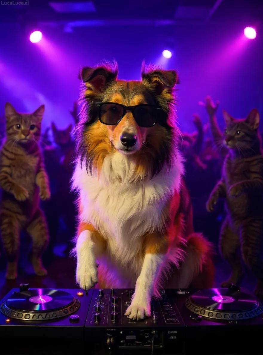 Collie dog wearing sunglasses with paws on turntables at a nightclub