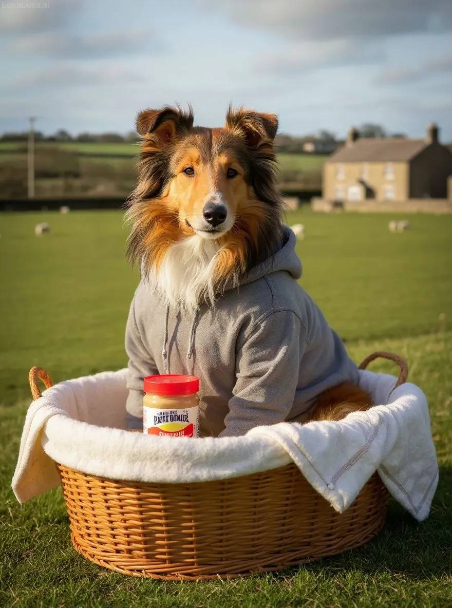 Collie dog wrapped in a hoodie in a laundry basket holding peanut butter