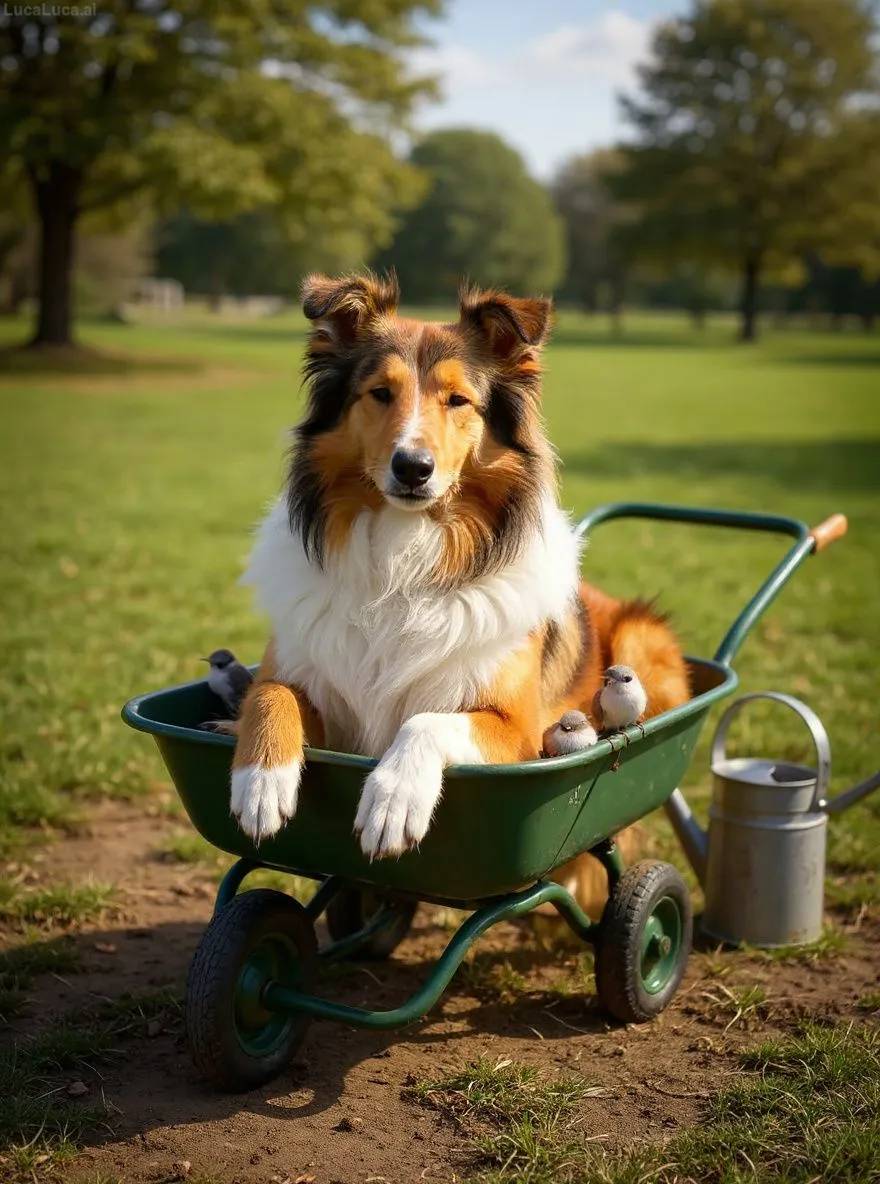 Collie dog dozing in a wheelbarrow with a watering can nearby