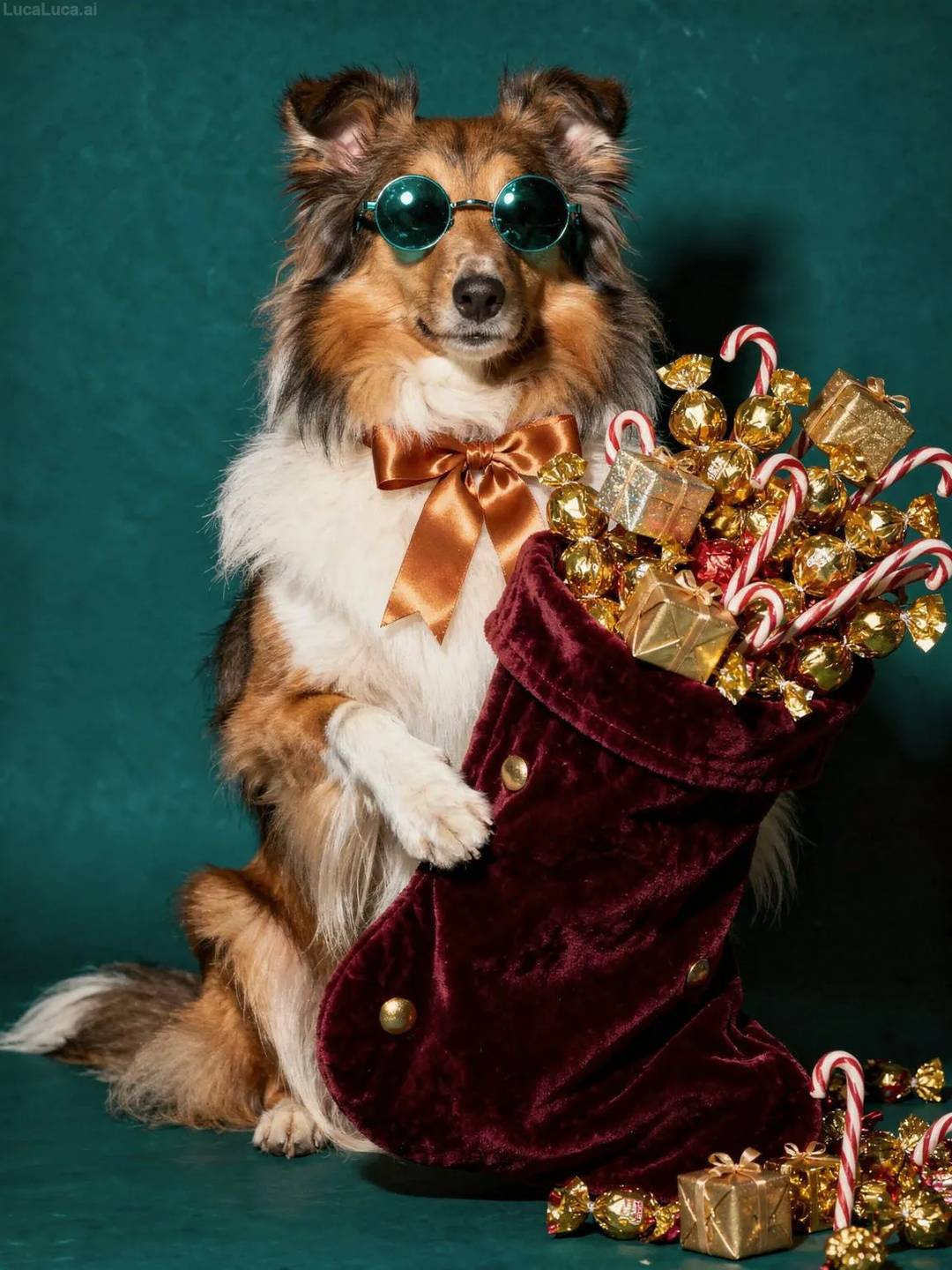 Collie dog wearing teal sunglasses holding a Christmas stocking with candies