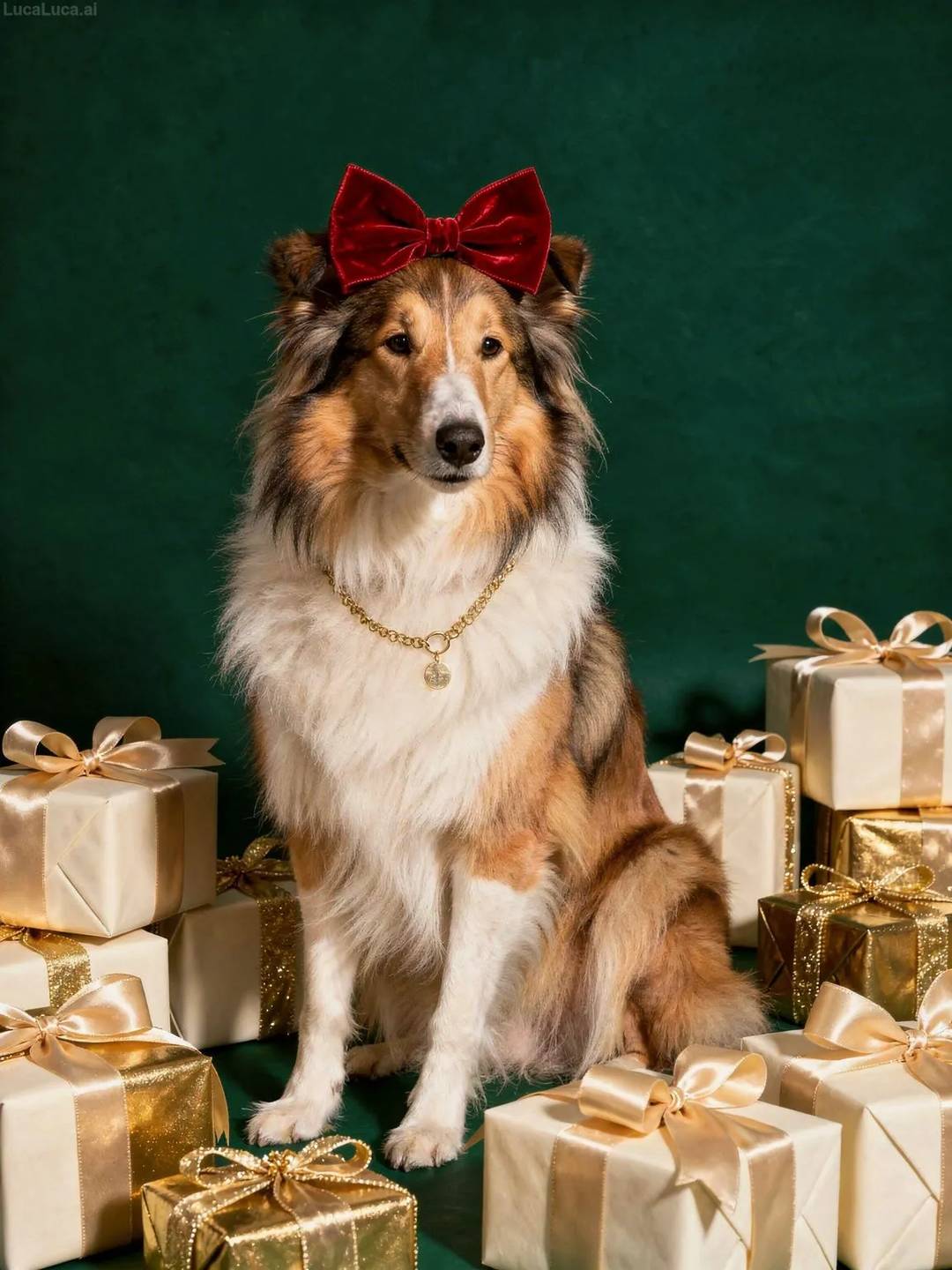 Collie dog wearing a red velvet bow and gold necklace holding gift boxes
