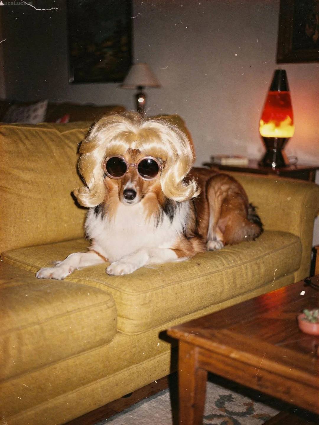 Collie dog wearing a blonde wig and round sunglasses on a yellow sofa