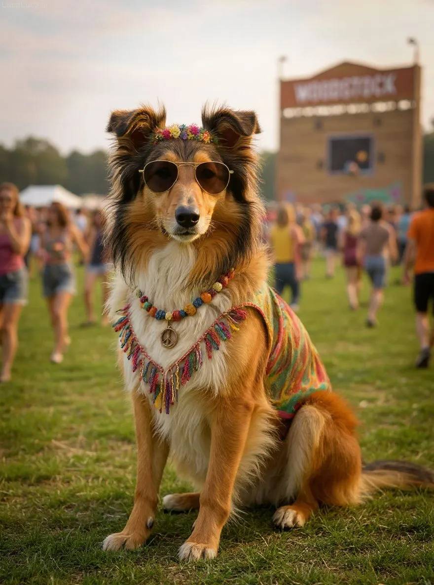 Collie dog in hippie style with tie-dye and flower crown at a music festival