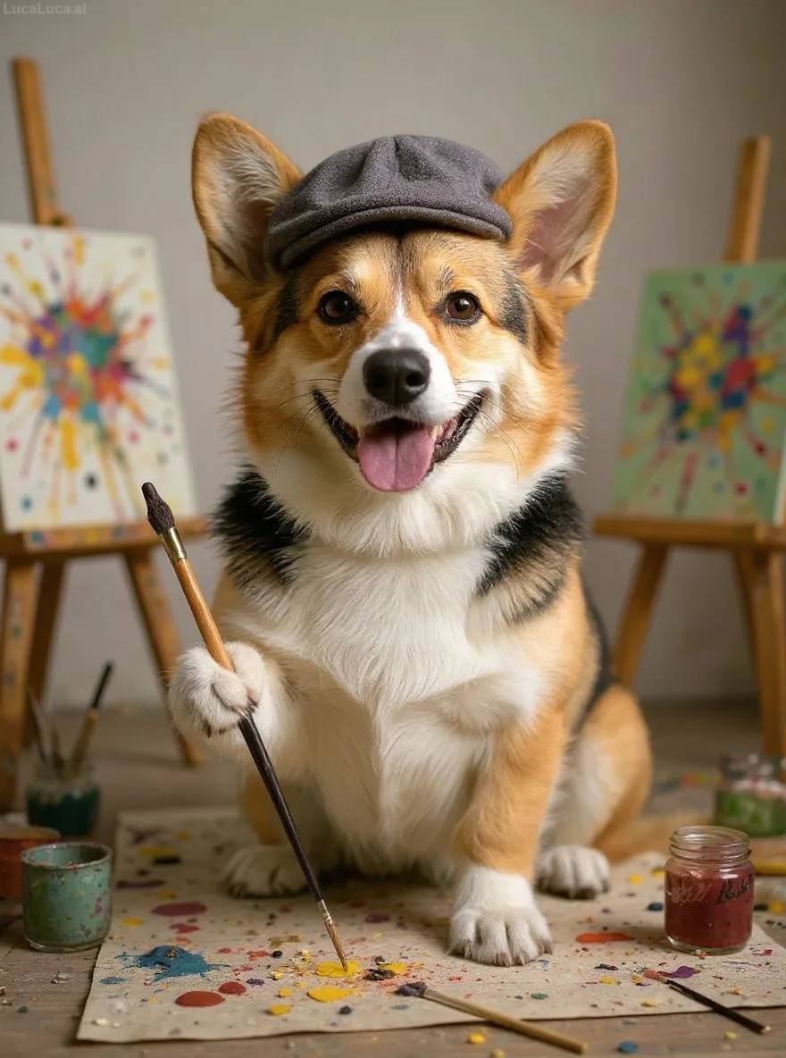 Corgi dog wearing a beret holding a paintbrush in a paint-splattered studio