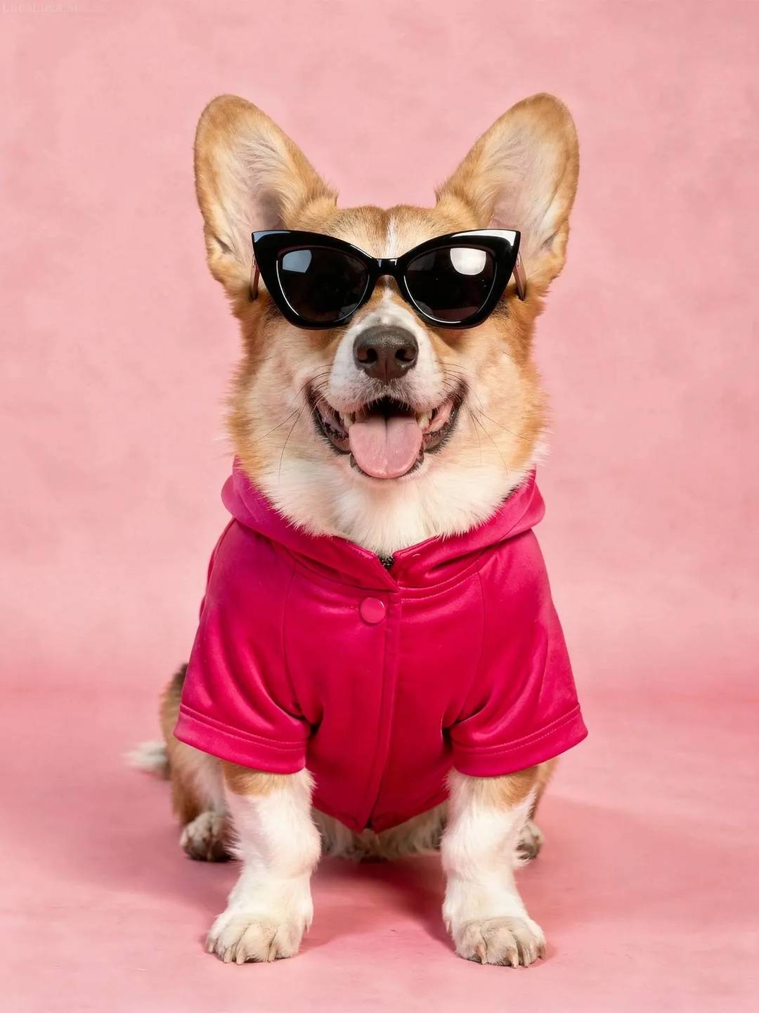 Corgi dog wearing a pink jacket and cat-eye sunglasses on a pink background