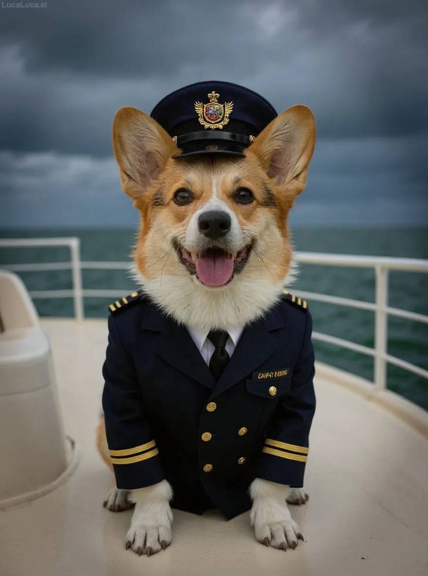 Corgi dog in captain uniform on a boat deck during a storm