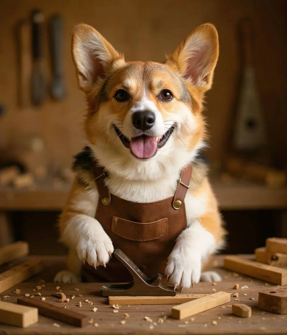 Corgi dog wearing a leather apron holding woodworking tools in a workshop