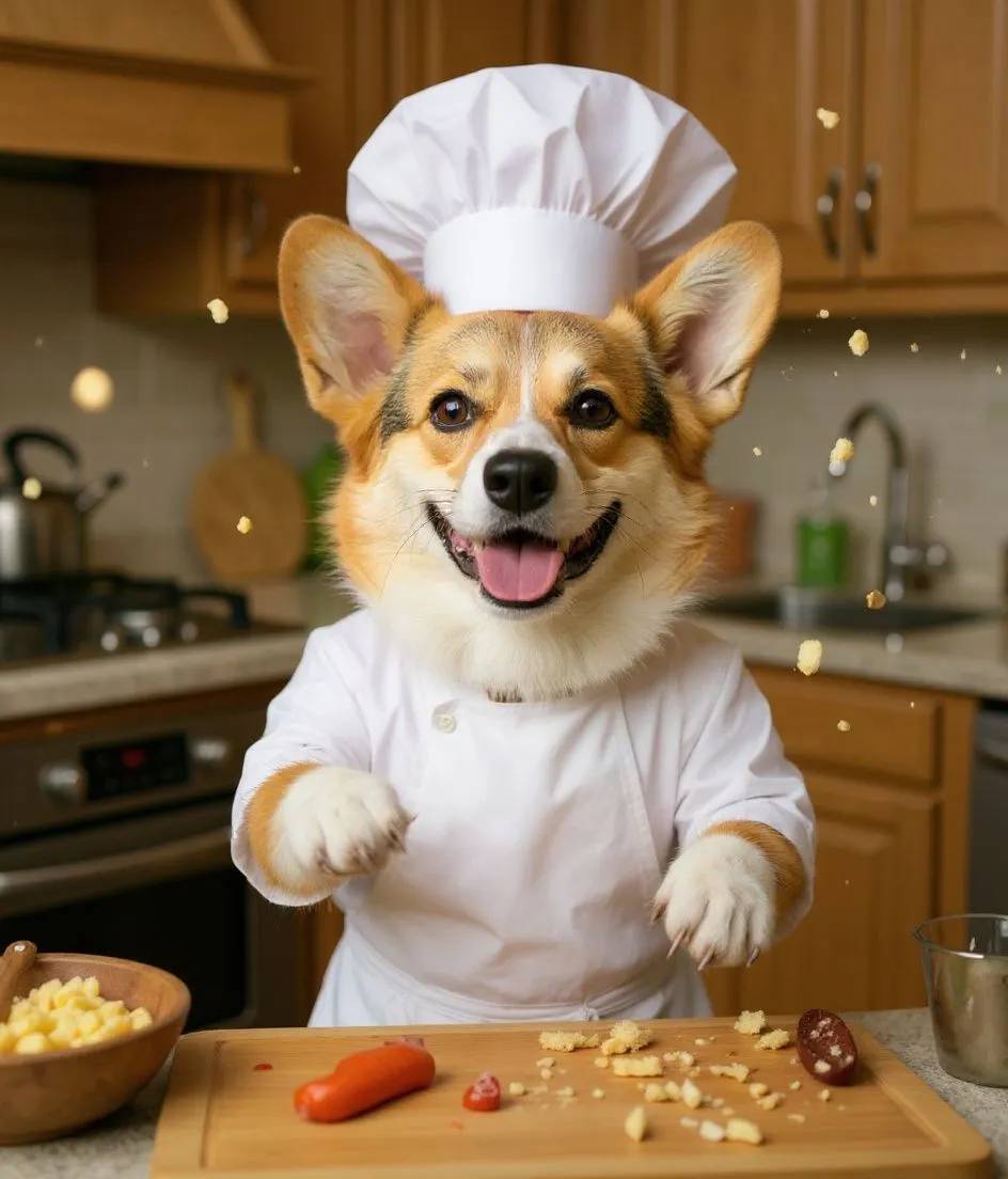 Corgi dog wearing a chef hat and apron tossing ingredients in a kitchen