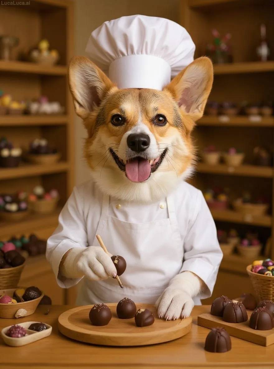 Corgi dog in a white apron decorating chocolate truffles in a chocolate shop
