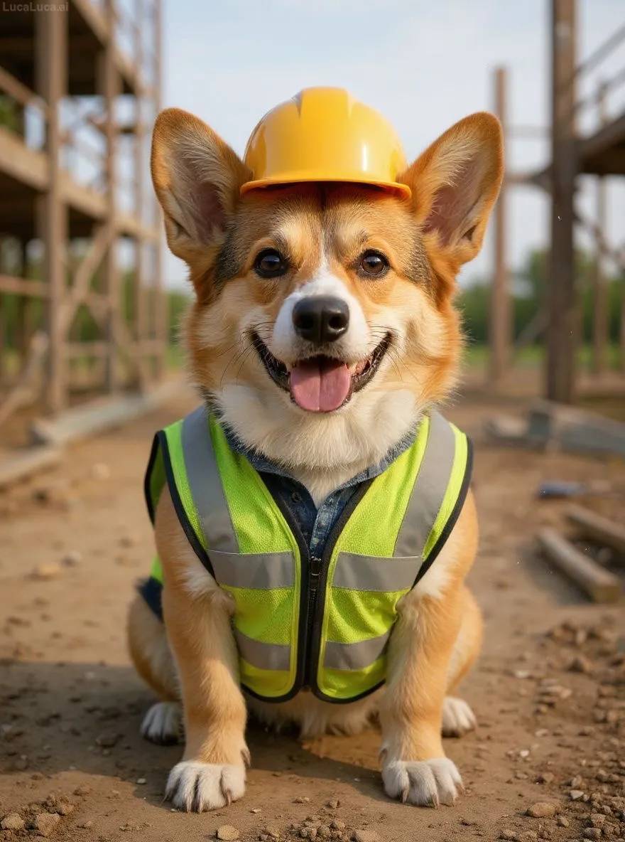 Corgi dog wearing a hard hat and safety vest at a construction site