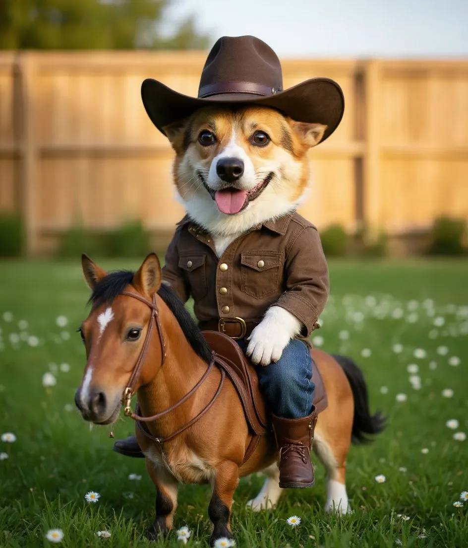 Corgi dog dressed as a cowboy riding a small horse
