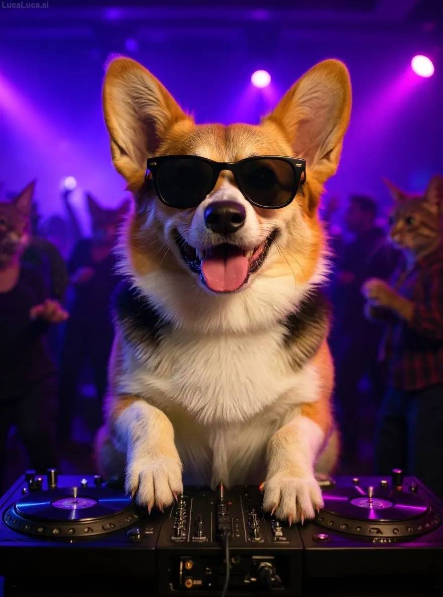 Corgi dog wearing sunglasses with paws on turntables at a nightclub