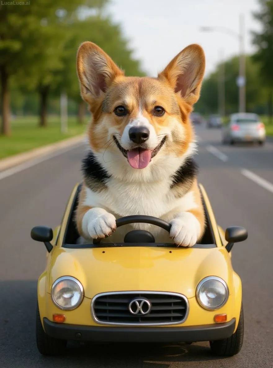 Corgi dog behind the wheel of a car holding a coffee cup