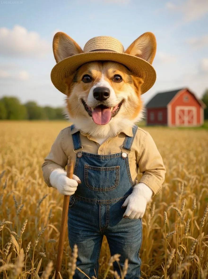 Corgi dog wearing overalls and straw hat holding a pitchfork in a wheat field