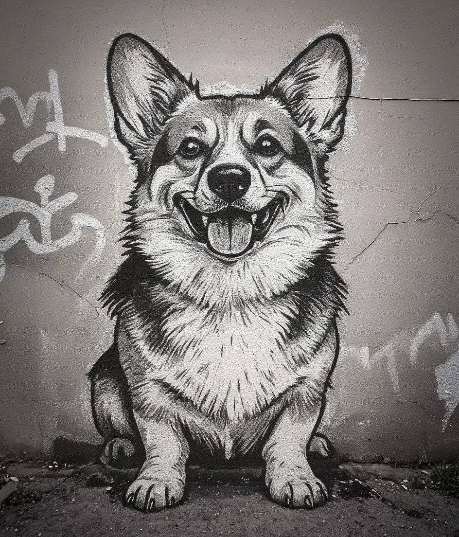 Corgi dog as a monochrome street art mural on a weathered urban wall