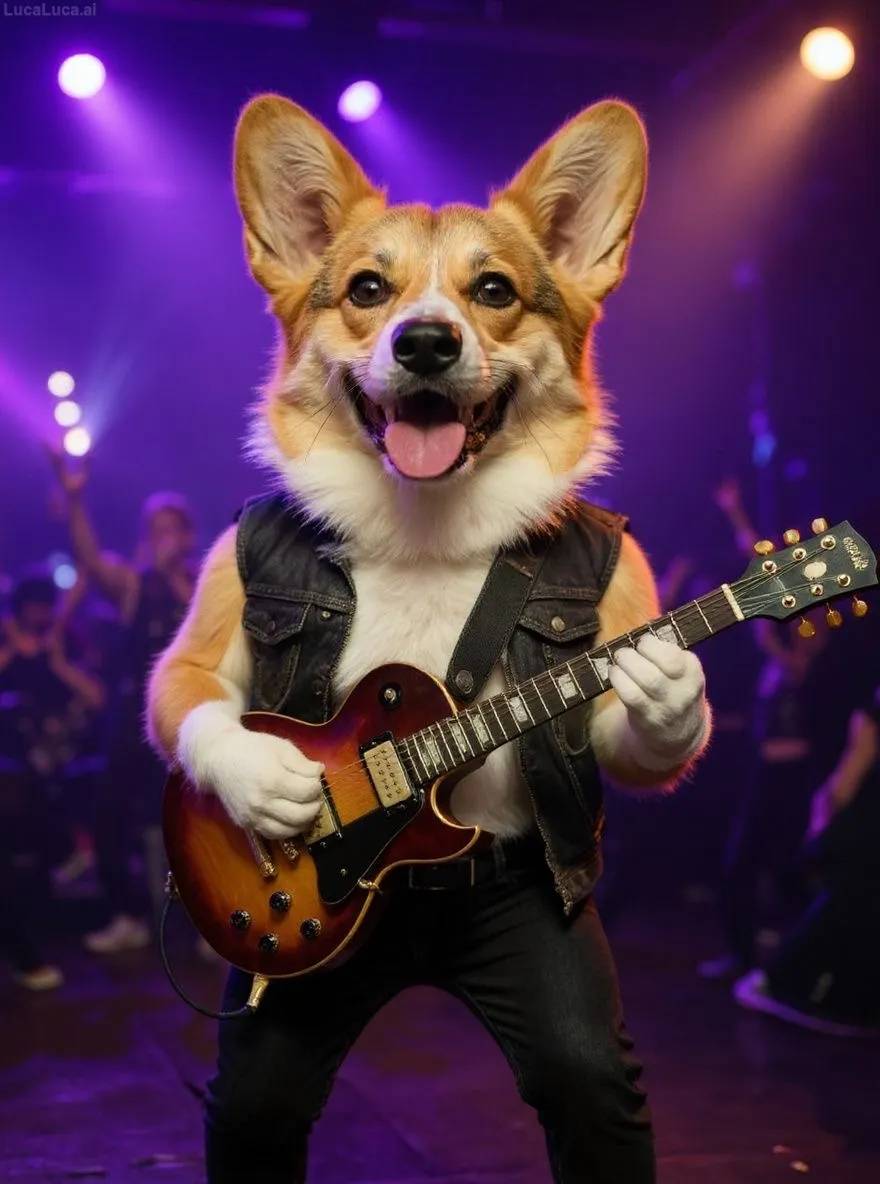 Corgi dog on stage with an electric guitar under bright lights