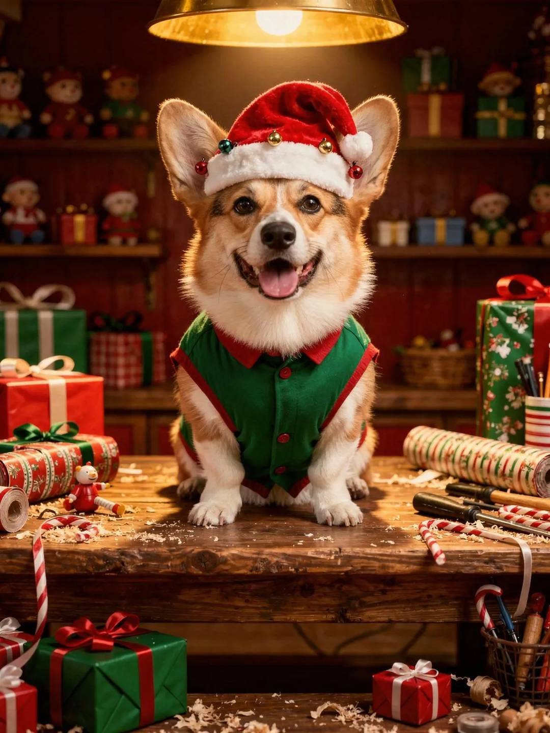 Corgi dog wearing an elf hat at a workshop table surrounded by wrapped gifts