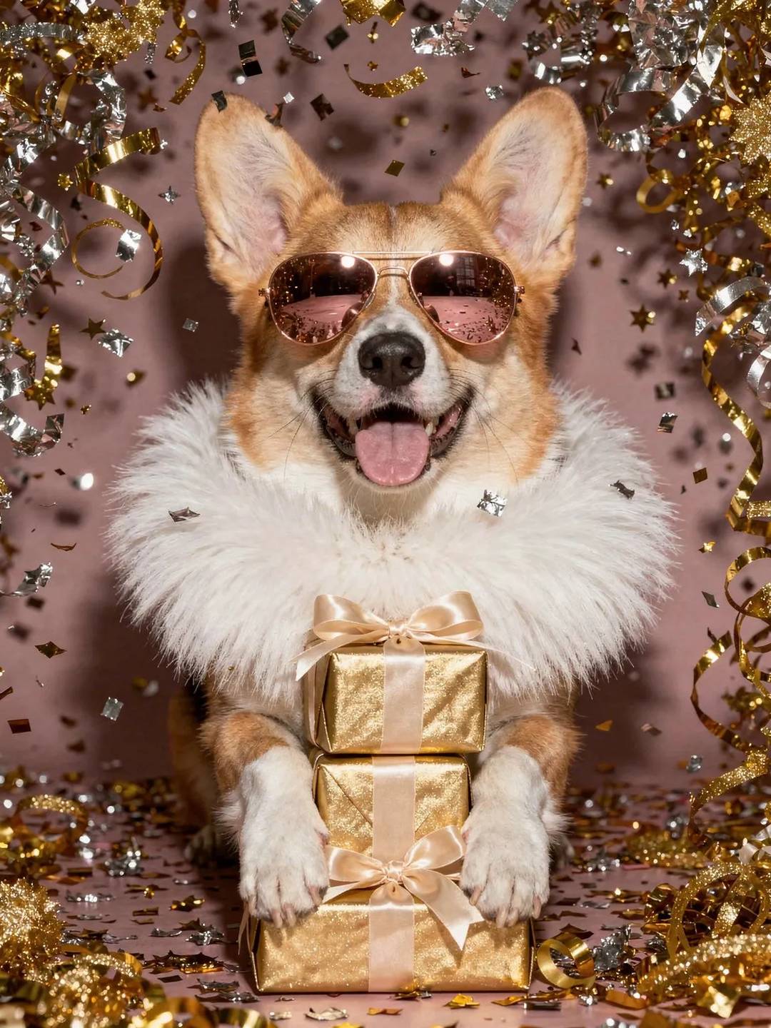 Corgi dog wearing rose gold sunglasses with gold confetti and gift boxes