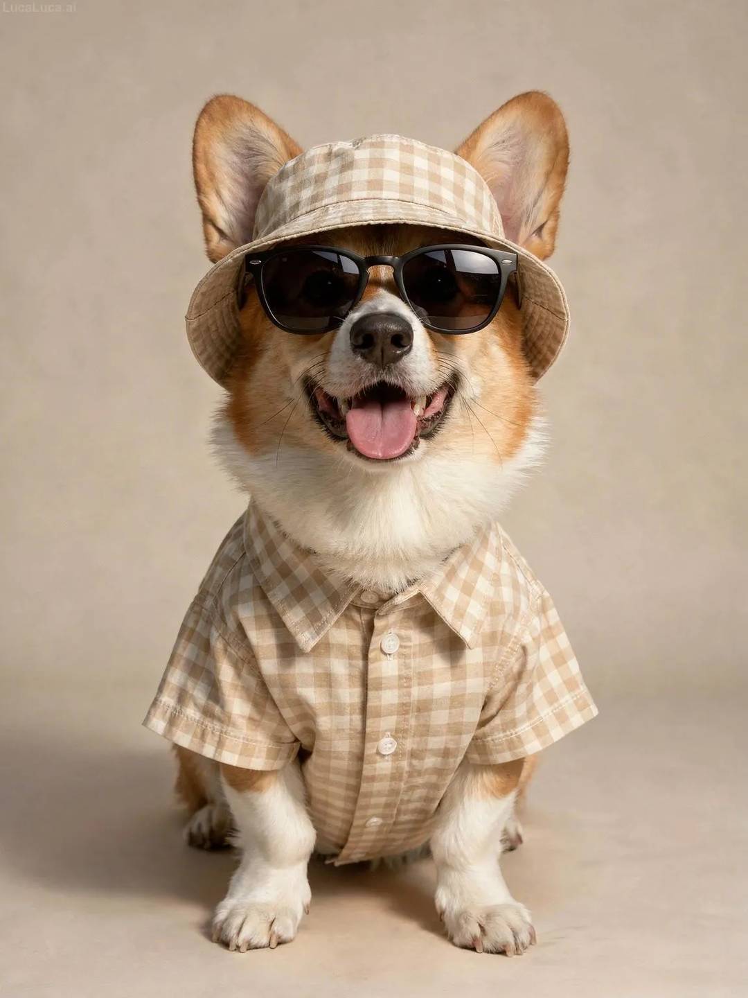 Corgi dog wearing a checkered shirt, sunglasses, and bucket hat in studio