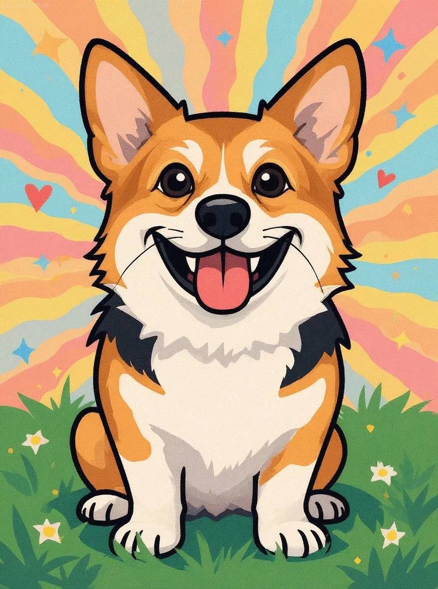 Corgi dog in cartoon style with bold outlines and energetic shapes