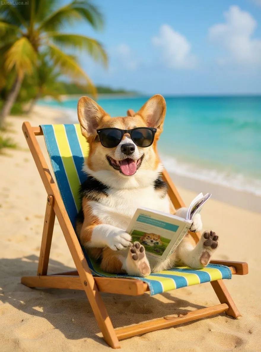 Corgi dog wearing sunglasses lounging on a beach chair with a cocktail